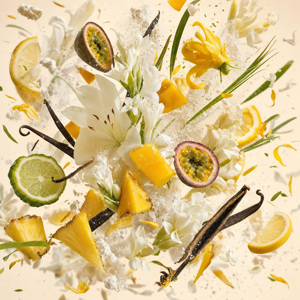 Ingredienti di IT'S A DUPE N°6245: foglie di palma, bergamotto, limone di Amalfi, giglio, ylang-ylang, frutta tropicale, vaniglia, tuberosa e muschio