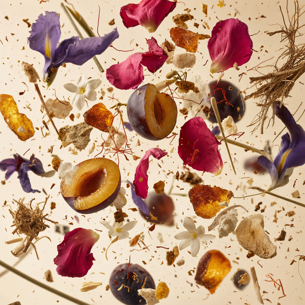 Ingredienti di IT'S A DUPE N°180: prugna, rosa bulgara, ambra, iris, gelsomino sambac, vetiver, zafferano, radice di iris e papiro egiziano