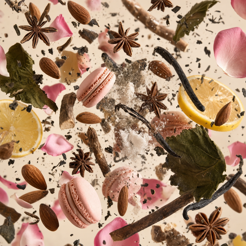 Ingredienti di IT'S A DUPE N°911: mandorla, anice, limone, macarons, liquirizia, rosa, vaniglia, patchouli e tè