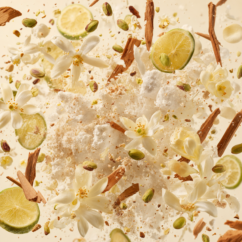 Ingredienti di IT'S A DUPE N°6333: neroli, fiori d'arancio, pistacchio, mandarino verde, fresia, note legnose, muschio bianco e sandalo