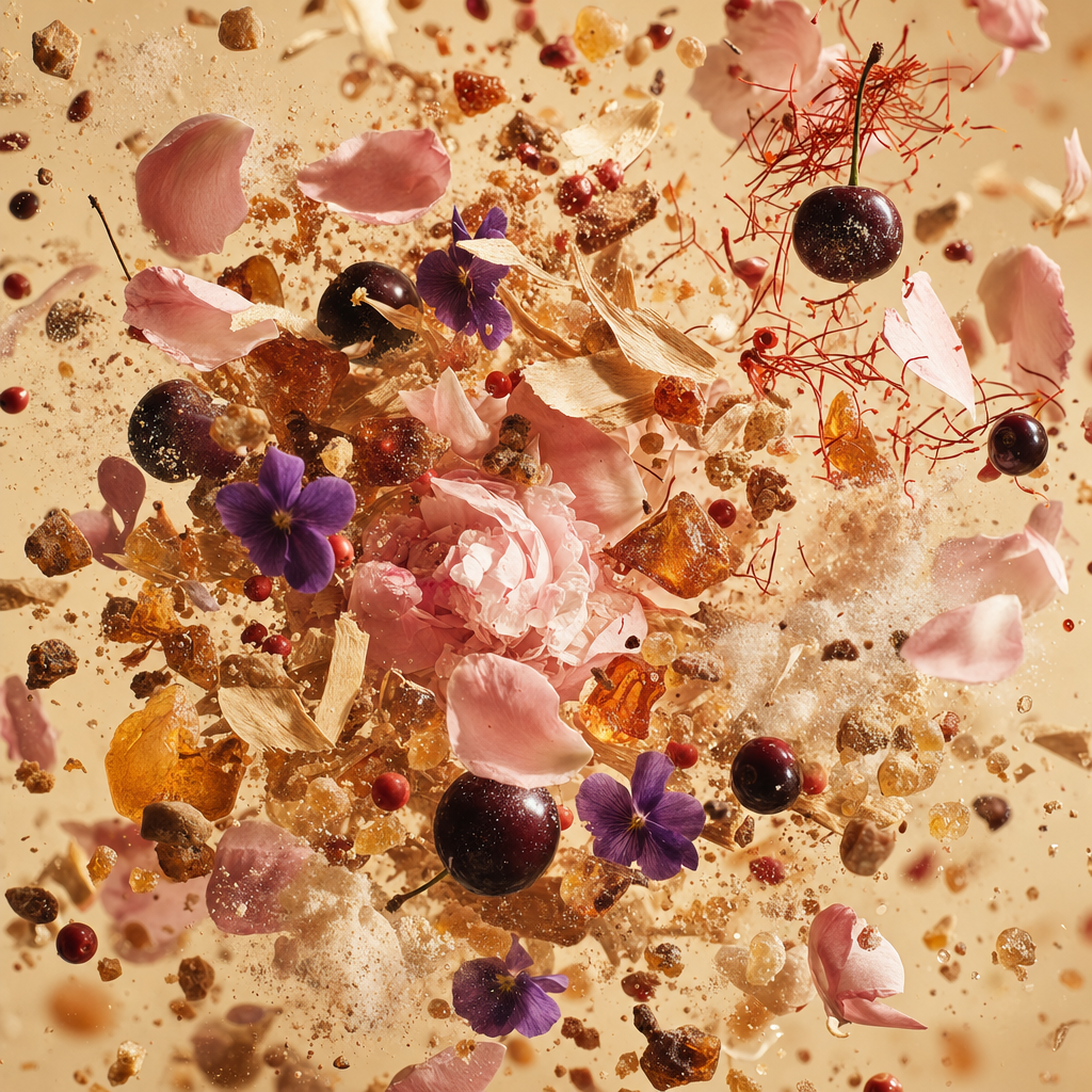 Ingredienti di IT'S A DUPE N°6263: ciliegia nera, zafferano, pepe rosa, rosa di maggio, peonia, violetta, muschio, mirra e incenso