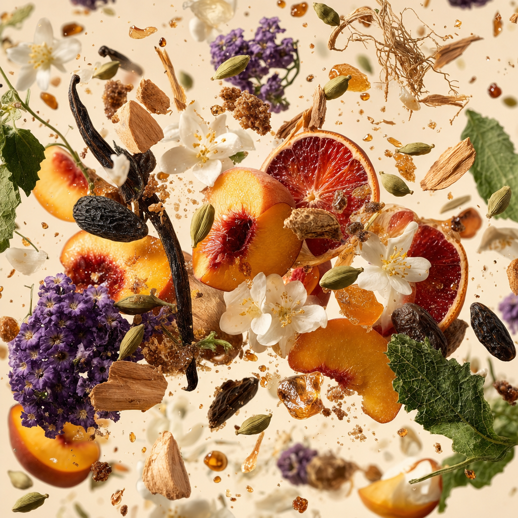 Ingredienti di IT'S A DUPE N°7158: pesca, arancia rossa, cardamomo, eliotropio, rum, cognac, gelsomino, vaniglia e patchouli