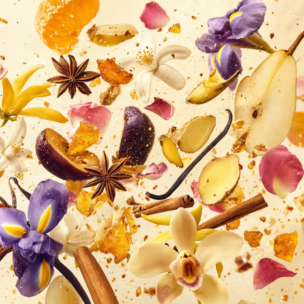 Ingredienti di IT'S A DUPE N°075: fiori d'arancio, mandarino, anice stellato, pera, rosa, iris, zenzero, prugna e vaniglia