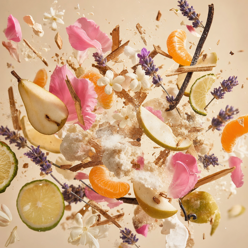 Ingredienti di IT'S A DUPE N°6079: pera, bergamotto, mandarino, lavanda, peonia, gelsomino sambac, vaniglia di Tahiti, muschio bianco e sandalo