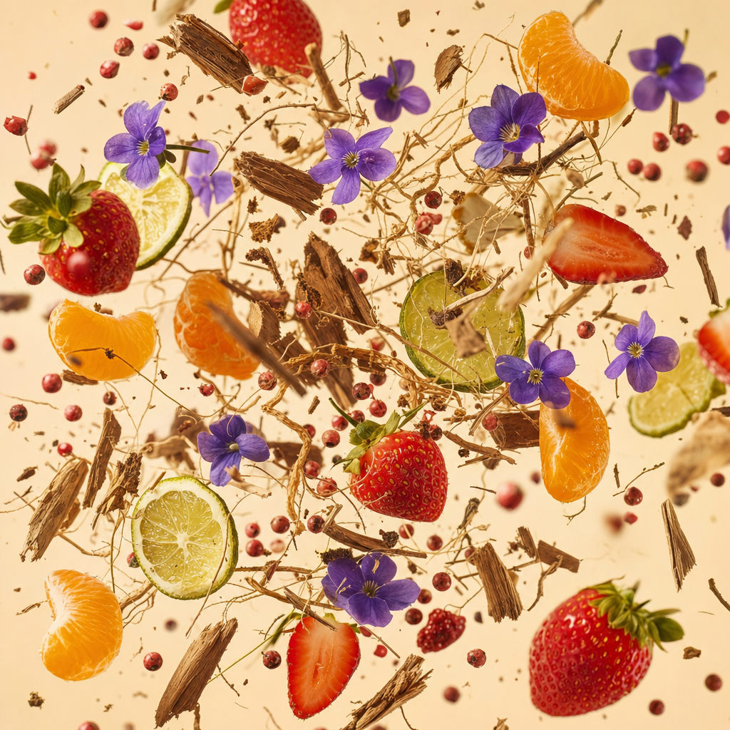 Ingredienti di IT'S A DUPE N°6240: mandarino, pepe rosa, bergamotto, fragola, violetta, vetiver e cedro