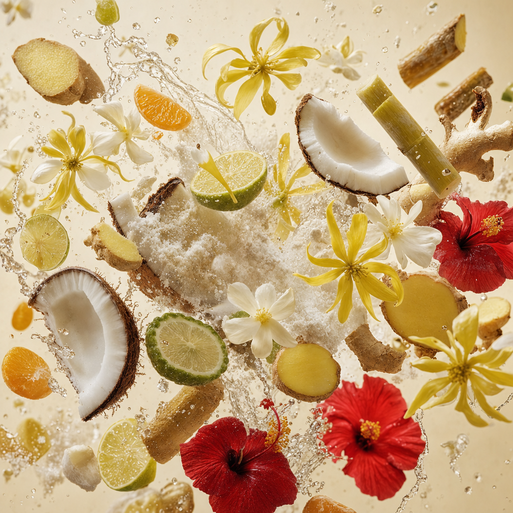Ingredienti di IT'S A DUPE N°6023: cocco, lime, bergamotto, mandarino di Sicilia, zenzero, ylang-ylang, ibisco, rum bianco e canna da zucchero