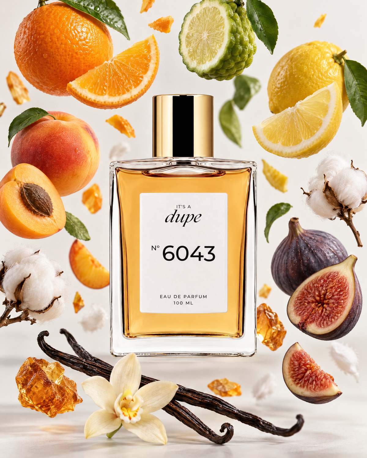 N°6043 circondato dagli ingredienti delle sue note olfattive