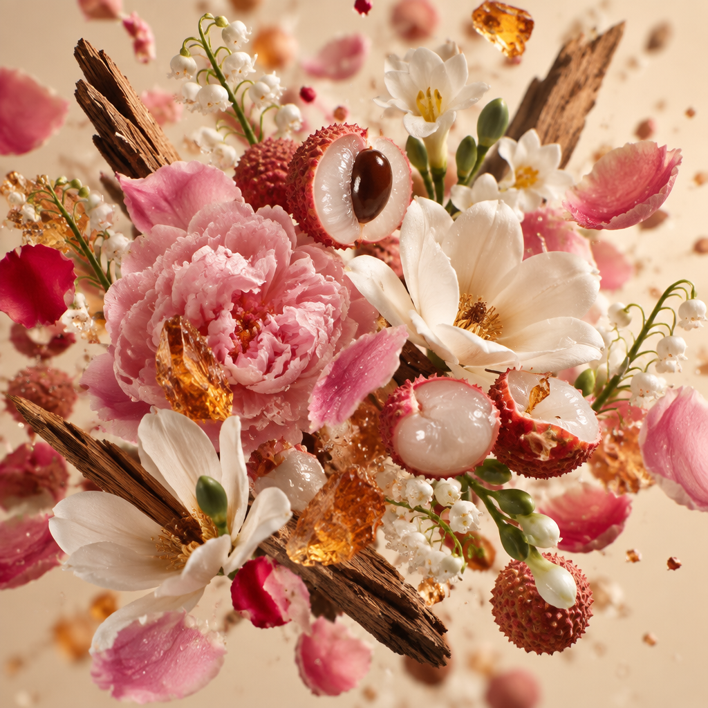 Ingredienti di IT'S A DUPE N°057: peonia, fresia, litchi, rosa, mughetto, magnolia, ambra e cedro