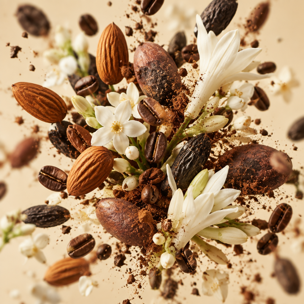 Ingredienti di IT'S A DUPE N°187: mandorla, caffè, gelsomino sambac, tuberosa, fava tonka e cacao