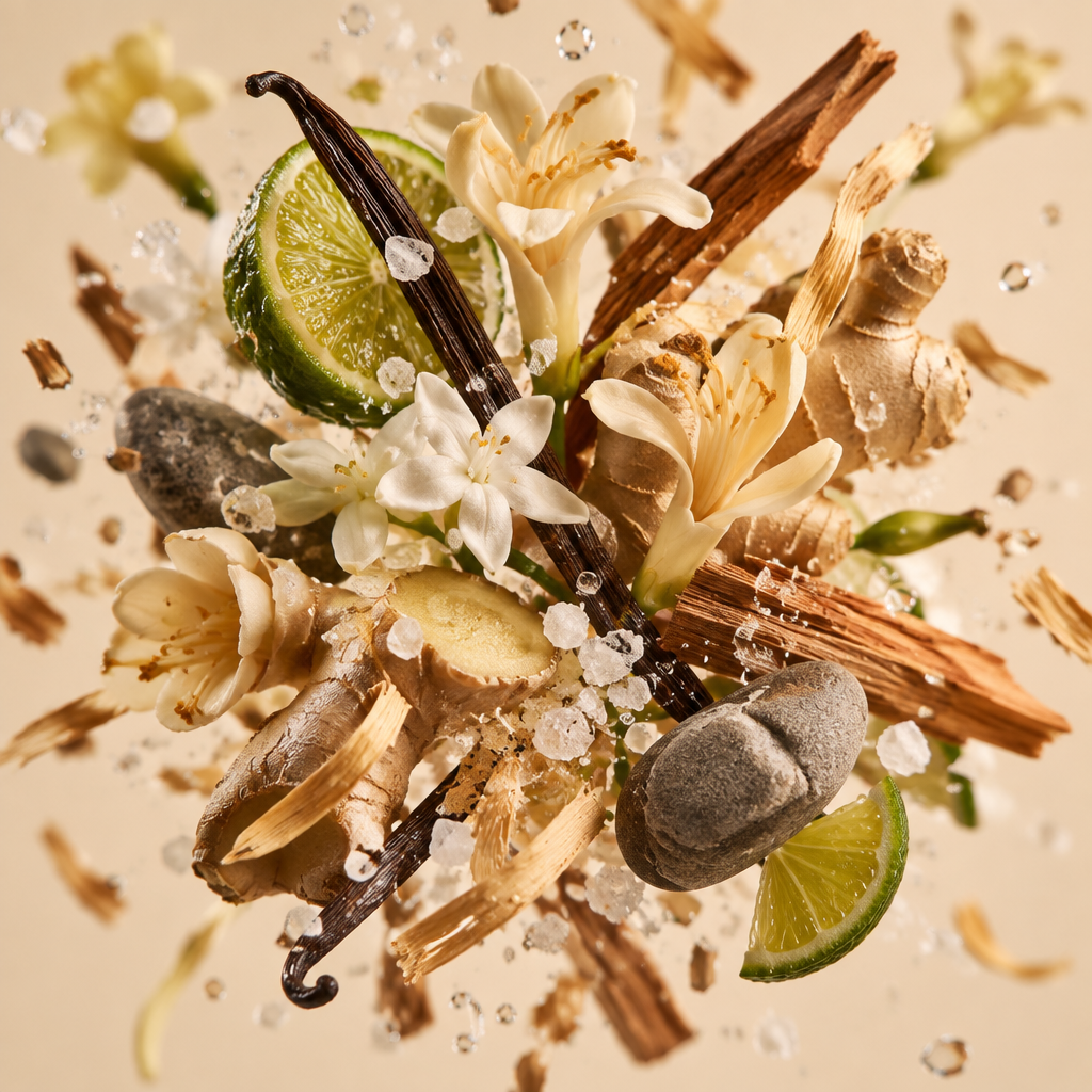 Ingredienti di IT'S A DUPE N°174: mandarino verde, gelsomino, zenzero, vaniglia, sale e ambra grigia