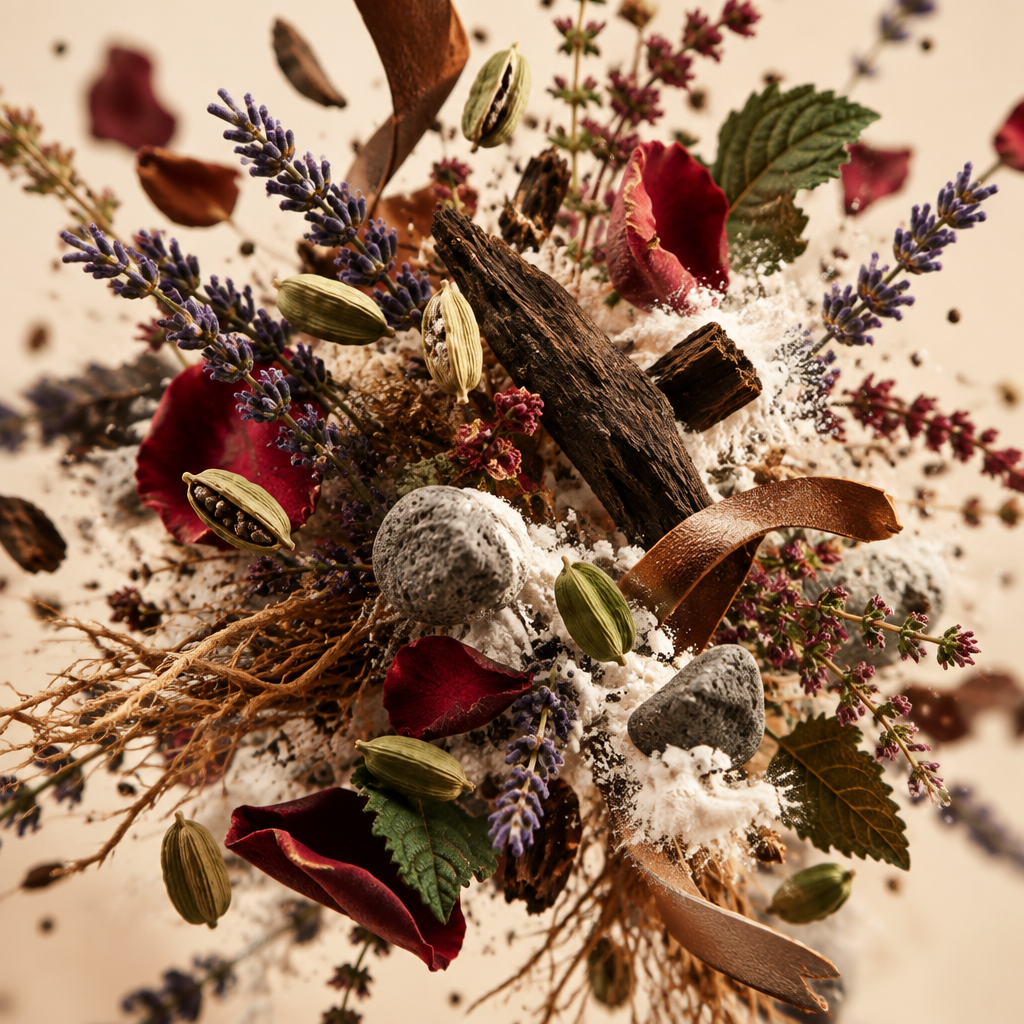 Ingredienti di IT'S A DUPE N°6103: cardamomo, lavanda, timo rosso, rosa, patchouli, vetiver, oud, cuoio, ambra grigia e muschio