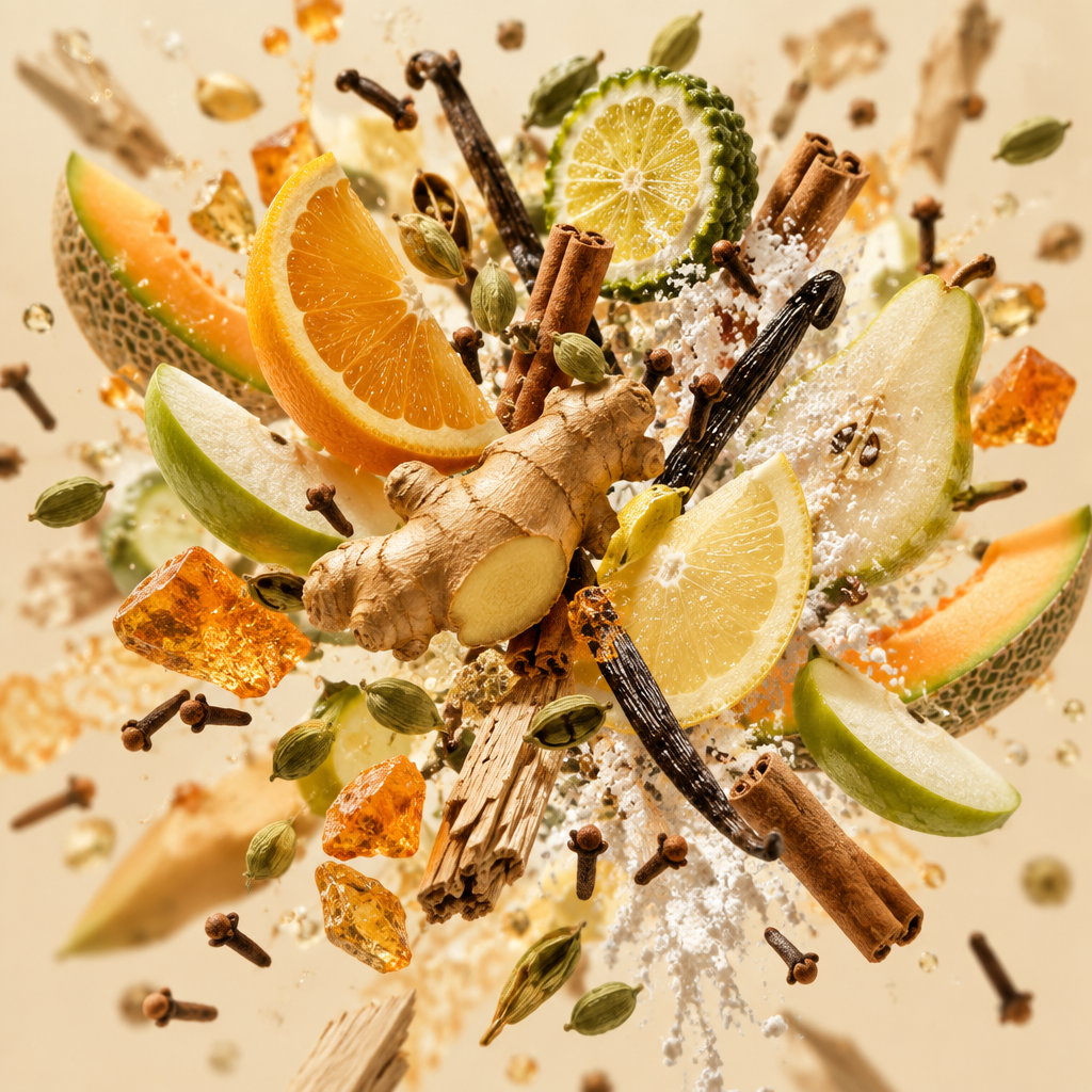 Ingredienti di IT'S A DUPE N°6334: arancia, bergamotto, limone, zenzero, melone, pera, mela verde, cannella, cardamomo, vaniglia e ambra