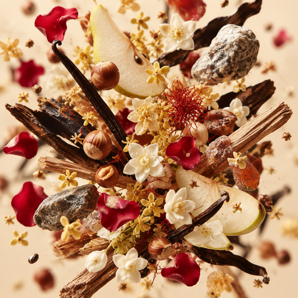 Ingredienti di IT'S A DUPE N°6283: pera, nocciola, olibano, osmanto, rosa, zafferano, gelsomino, sandalo, vaniglia e ambra grigia