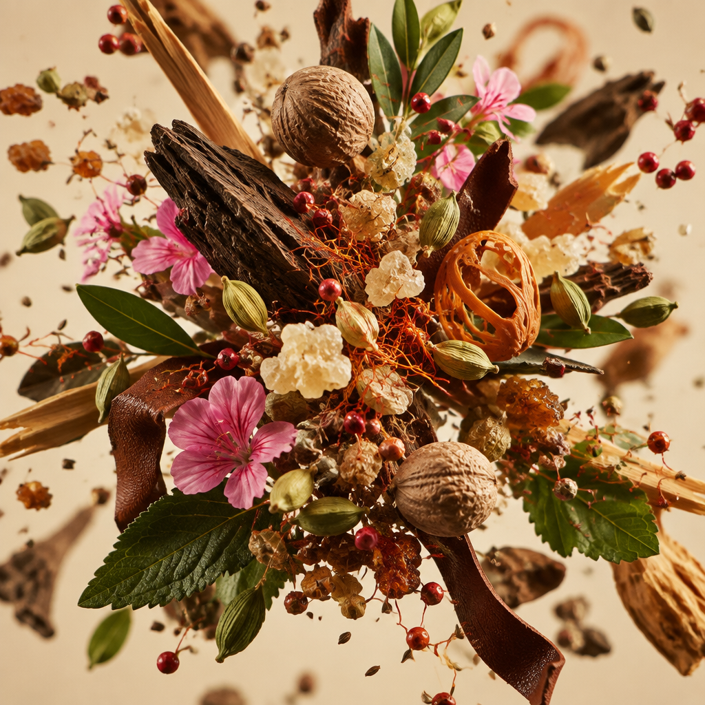 Ingredienti di IT'S A DUPE N°7117: pepe rosa, olibano, zafferano, noce moscata, cardamomo, mirra, geranio, incenso, oud, cuoio e sandalo
