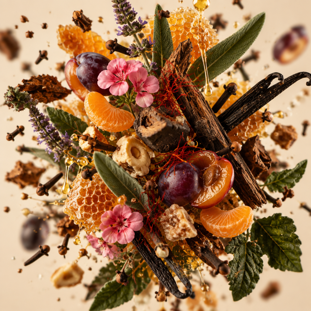 Ingredienti di IT'S A DUPE N°6169: miele, mandarino, salvia, geranio, prugna, zafferano, chiodi di garofano, tabacco, oud e vaniglia