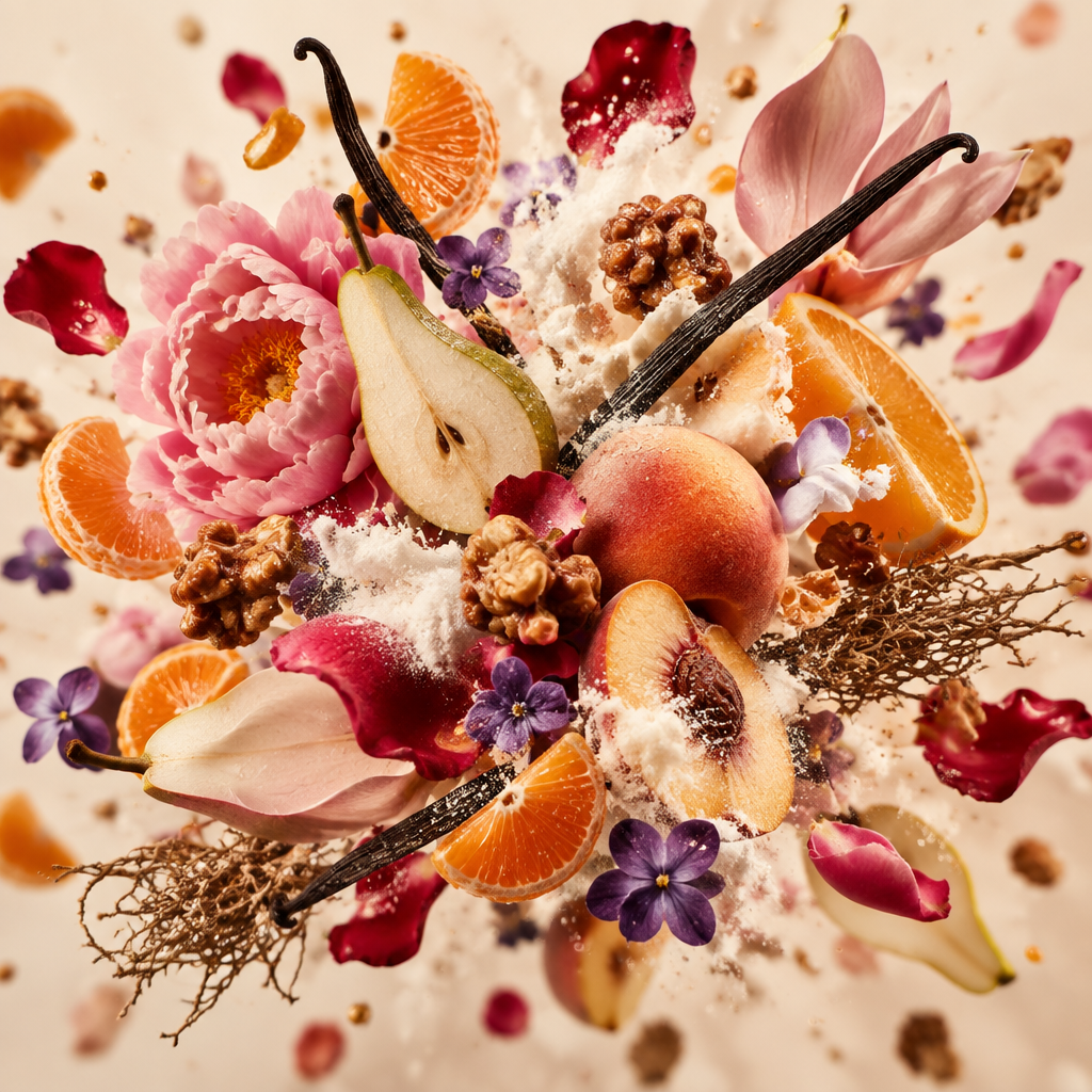 Ingredienti di IT'S A DUPE N°6220: pera, pesca, mandarino, arancia, rosa, peonia, violetta, magnolia, vaniglia e pralinato