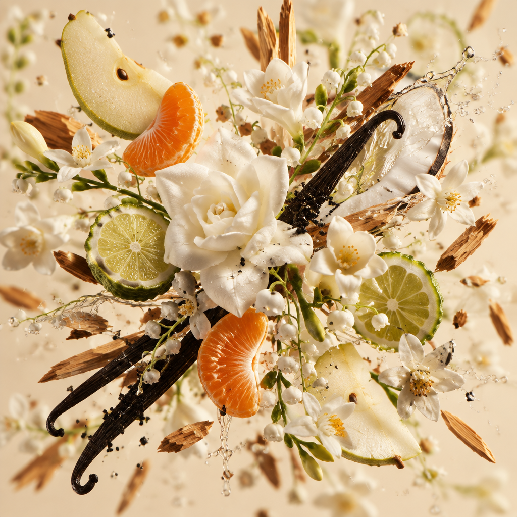 Ingredienti di IT'S A DUPE N°6331: pera, mandarino, bergamotto, fresia, gardenia, acqua di cocco, mughetto, fiori d'arancio, vaniglia e sandalo