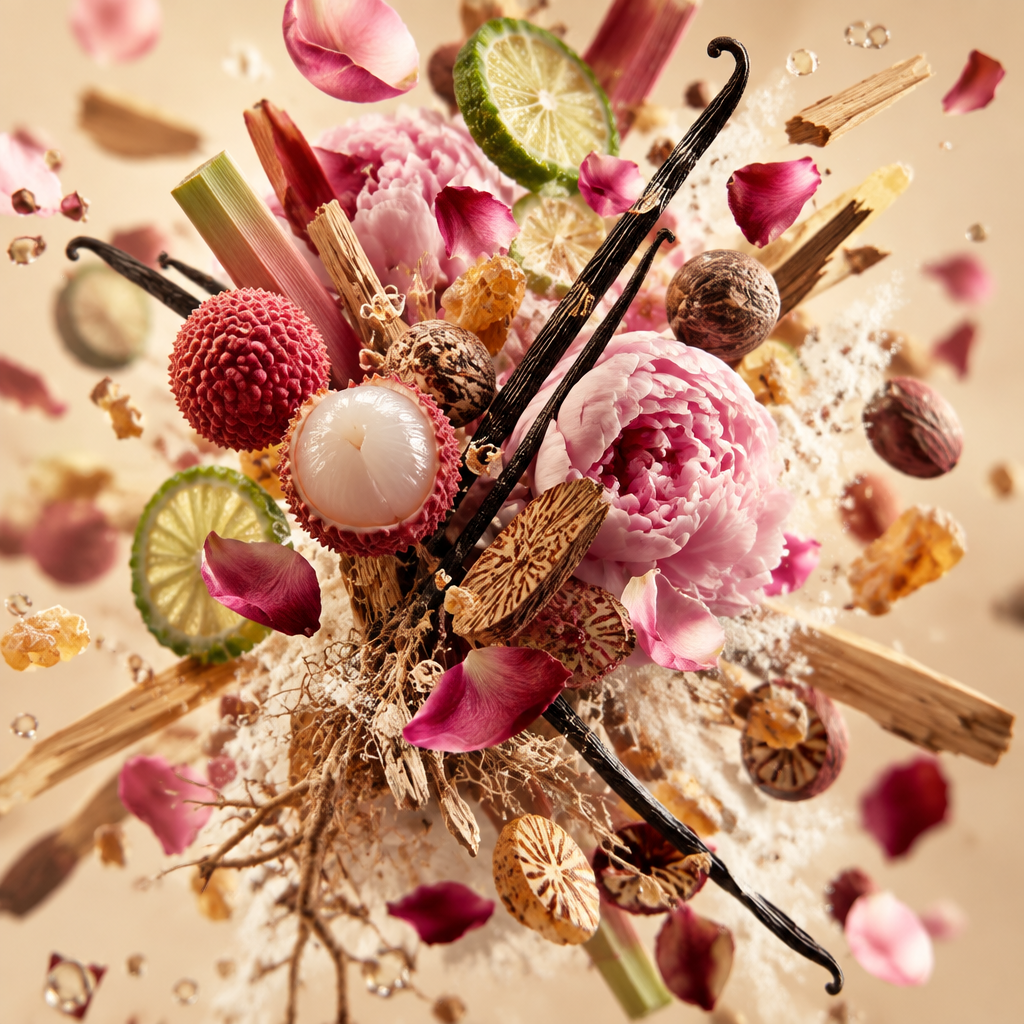 Ingredienti di IT'S A DUPE N°6042: litchi, rabarbaro, bergamotto, noce moscata, rosa turca, peonia, muschio, vaniglia, cedro e incenso