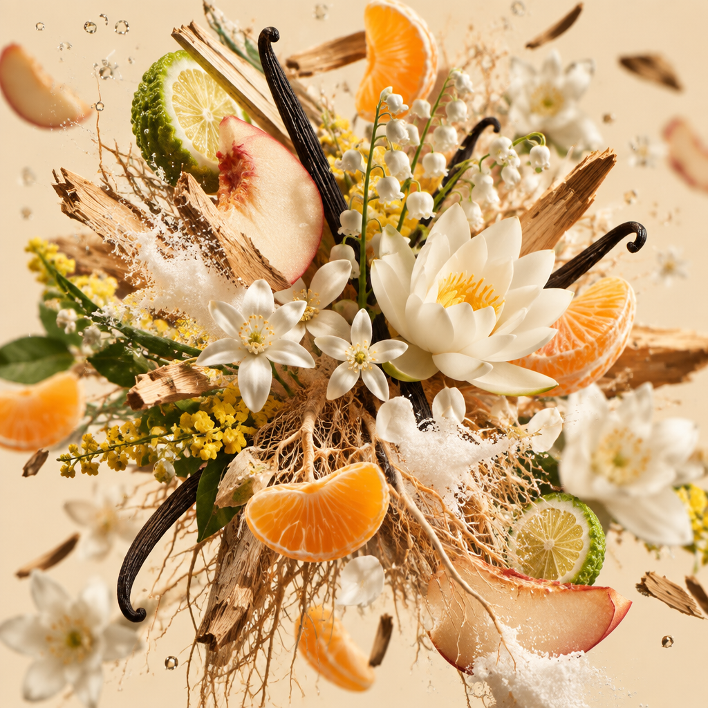 Ingredienti di IT'S A DUPE N°6148: pesca bianca, bergamotto, mandarino, fiori d'arancio, mughetto, ninfea, vetiver, muschio e vaniglia