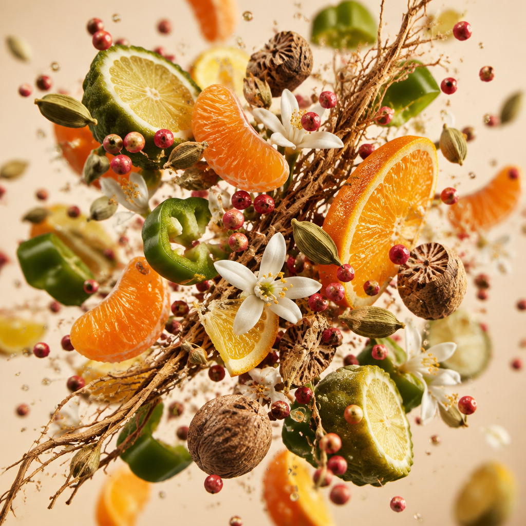 Ingredienti di IT'S A DUPE N°1055: mandarino, arancia, bergamotto, pepe rosa, peperone, neroli, cardamomo, noce moscata e vetiver