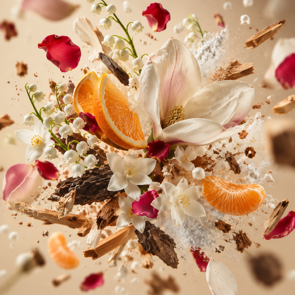 Ingredienti di IT'S A DUPE N°6081: arancia, tangerino, mughetto, magnolia, rosa, gelsomino, muschio bianco, guaiaco e sandalo