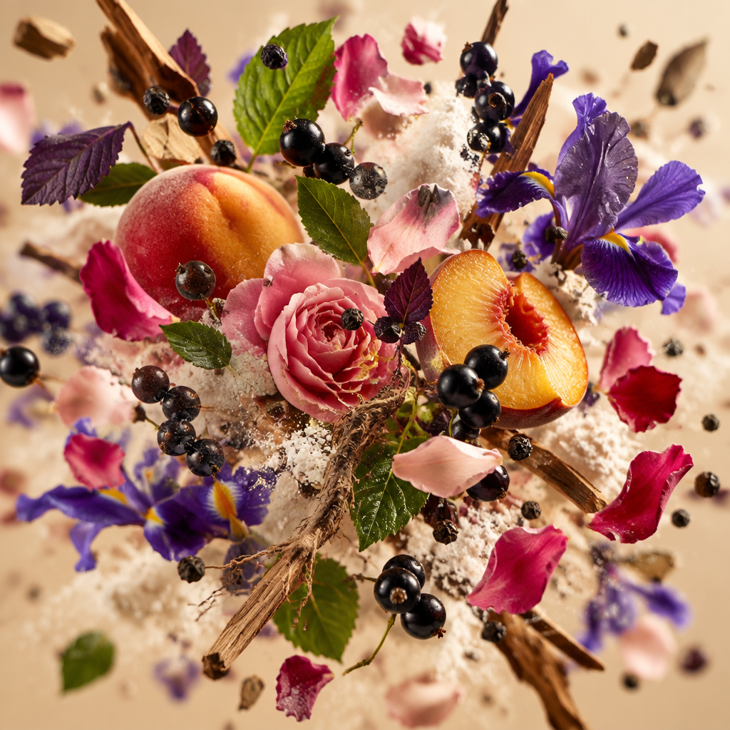 Ingredienti di IT'S A DUPE N°6118: pesca, note verdi, ribes nero, rosa, iris, muschio bianco, cedro, pepe e foglie di violetta