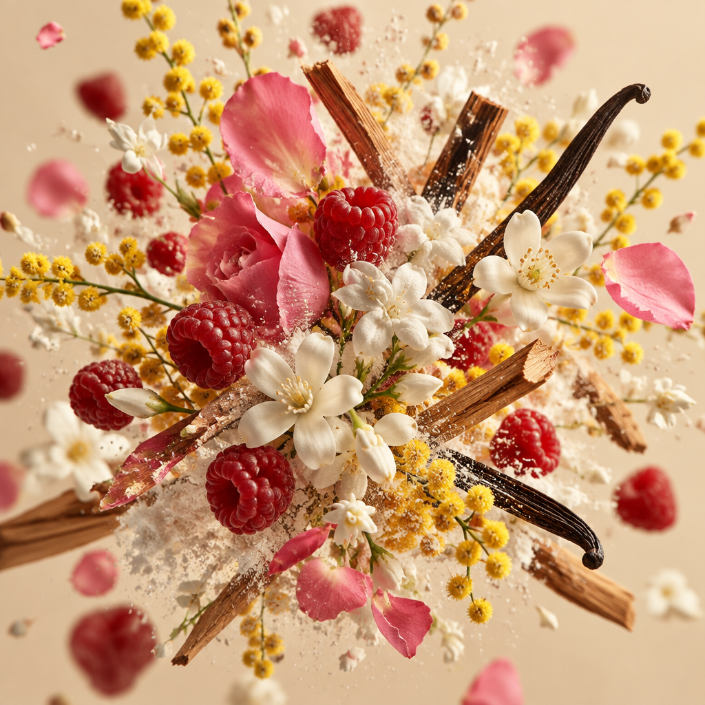 Ingredienti di IT'S A DUPE N°6116: gelsomino, rosa di maggio, mimosa, fiori d'arancio, lampone, muschio, vaniglia e sandalo