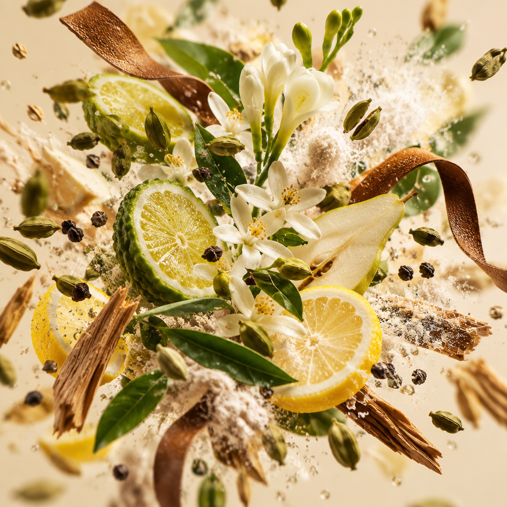 Ingredienti di IT'S A DUPE N°6120: bergamotto, limone, pera, cardamomo, neroli, fresia, cuoio, muschio e sandalo