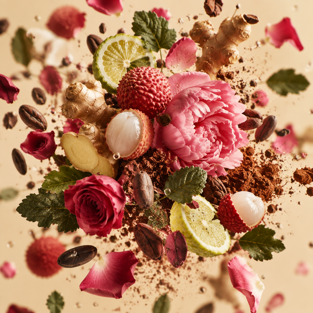 Ingredienti di IT'S A DUPE N°6152: litchi, zenzero, bergamotto, peonia, rosa turca, cacao e patchouli