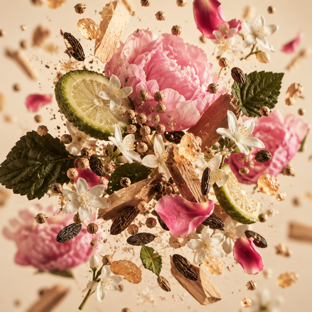 Ingredienti di IT'S A DUPE N°604: fiori bianchi, coriandolo, peonia, bergamotto, ambretta, rosa, gelsomino, patchouli e incenso