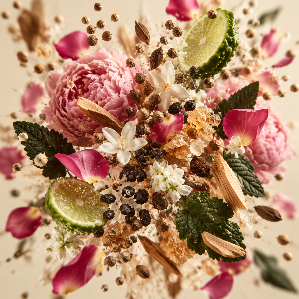 Ingredienti di IT'S A DUPE N°606: fiori bianchi, coriandolo, peonia, bergamotto, ambretta, rosa, gelsomino, patchouli e incenso