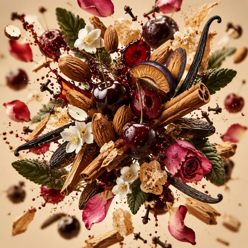 Ingredienti di IT'S A DUPE N°612: mandorla amara, ciliegia nera, liquore di ciliegia, amarena, prugna, rosa, gelsomino, fava tonka, vaniglia e cannella