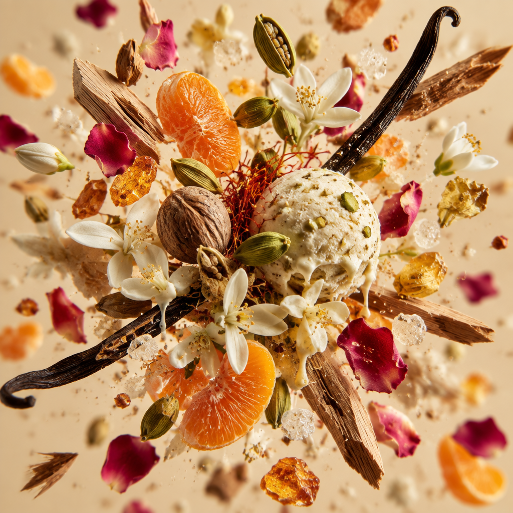 Ingredienti di IT'S A DUPE N°1016: mandarino, neroli, zafferano, noce moscata, cardamomo, lentisco, rosa, gelsomino, kulfi, ambra, sandalo e vaniglia